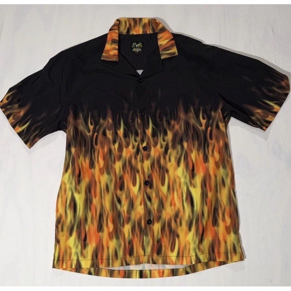 Benny's Hawaiian Shirt Men's size L Black Orange Flames Aloha Bowling Casual